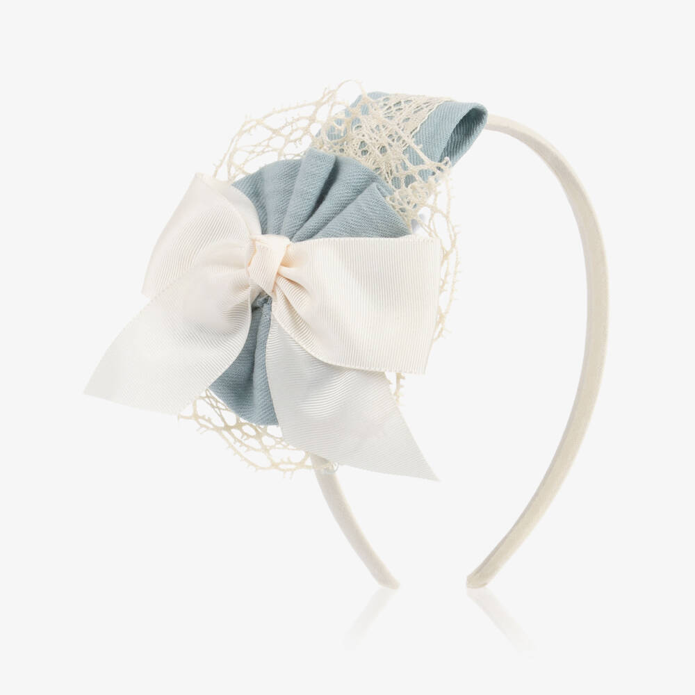 Miranda-Girls Blue & Ivory Bow Hairband with Lace Trim | Childrensalon
