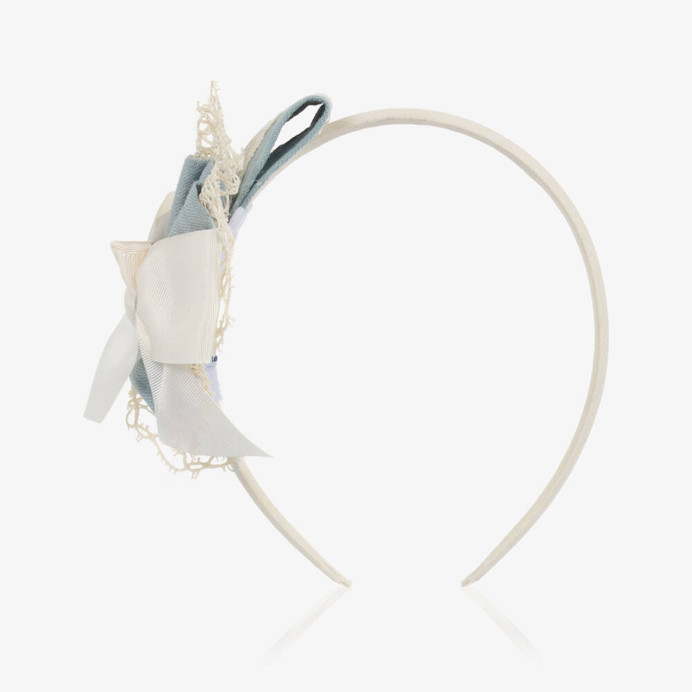 Miranda-Girls Blue & Ivory Bow Hairband with Lace Trim | Childrensalon