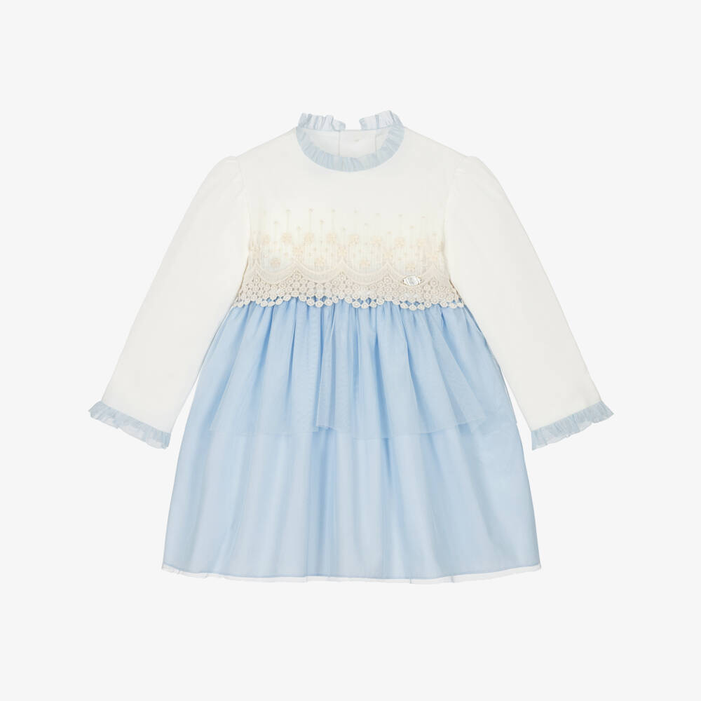 Miranda-Girls Blue & Ivory Dress with Lace Detail | Childrensalon
