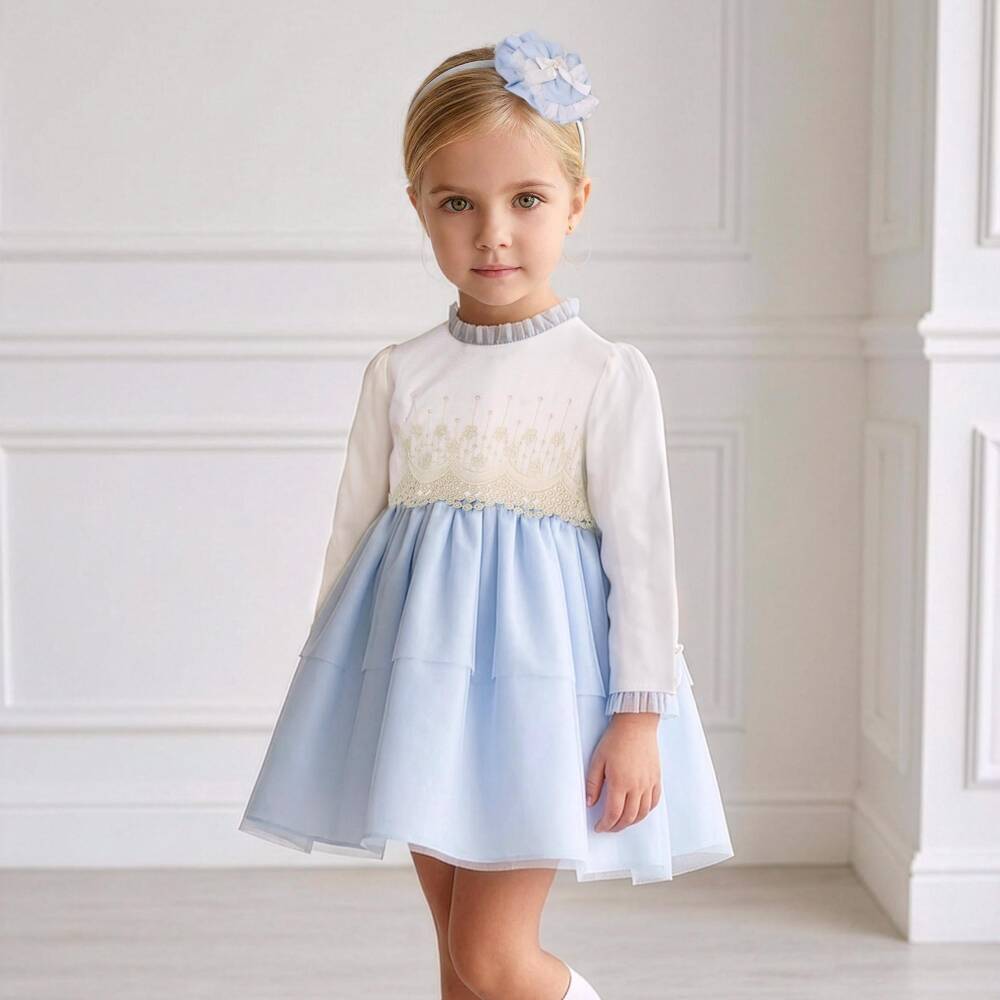 Miranda-Girls Blue & Ivory Dress with Lace Detail | Childrensalon