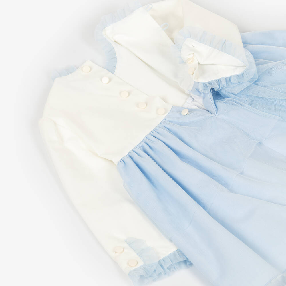 Miranda-Girls Blue & Ivory Dress with Lace Detail | Childrensalon