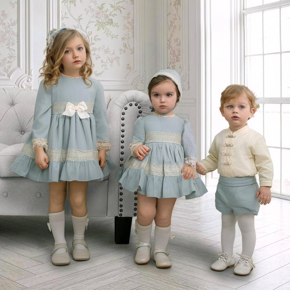 Miranda-Girls Blue & Ivory Lace Cotton Dress | Childrensalon