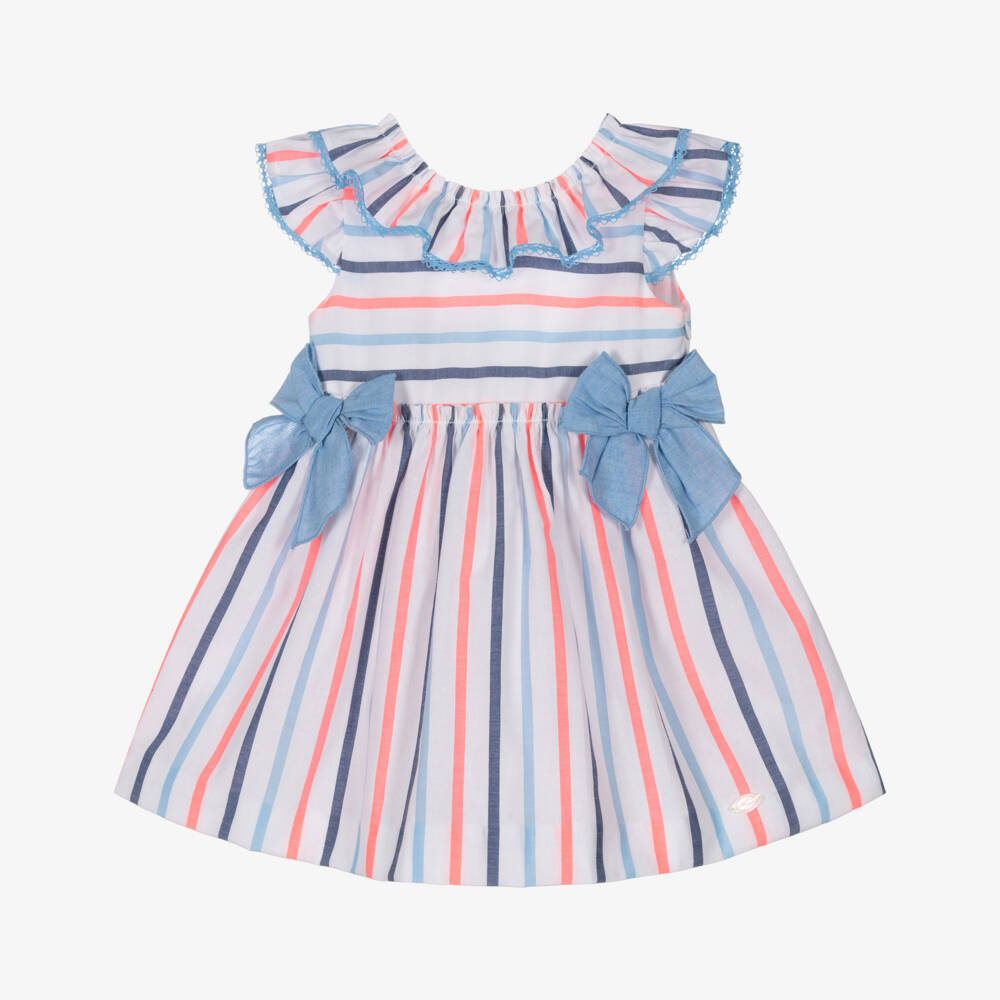Miranda-Girls Blue & Pink Striped Dress with Bows | Childrensalon