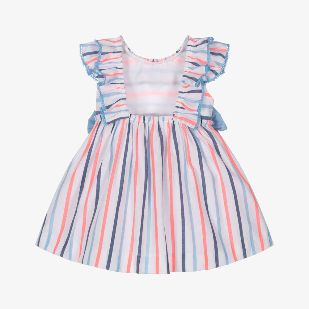 Miranda-Girls Blue & Pink Striped Dress with Bows | Childrensalon