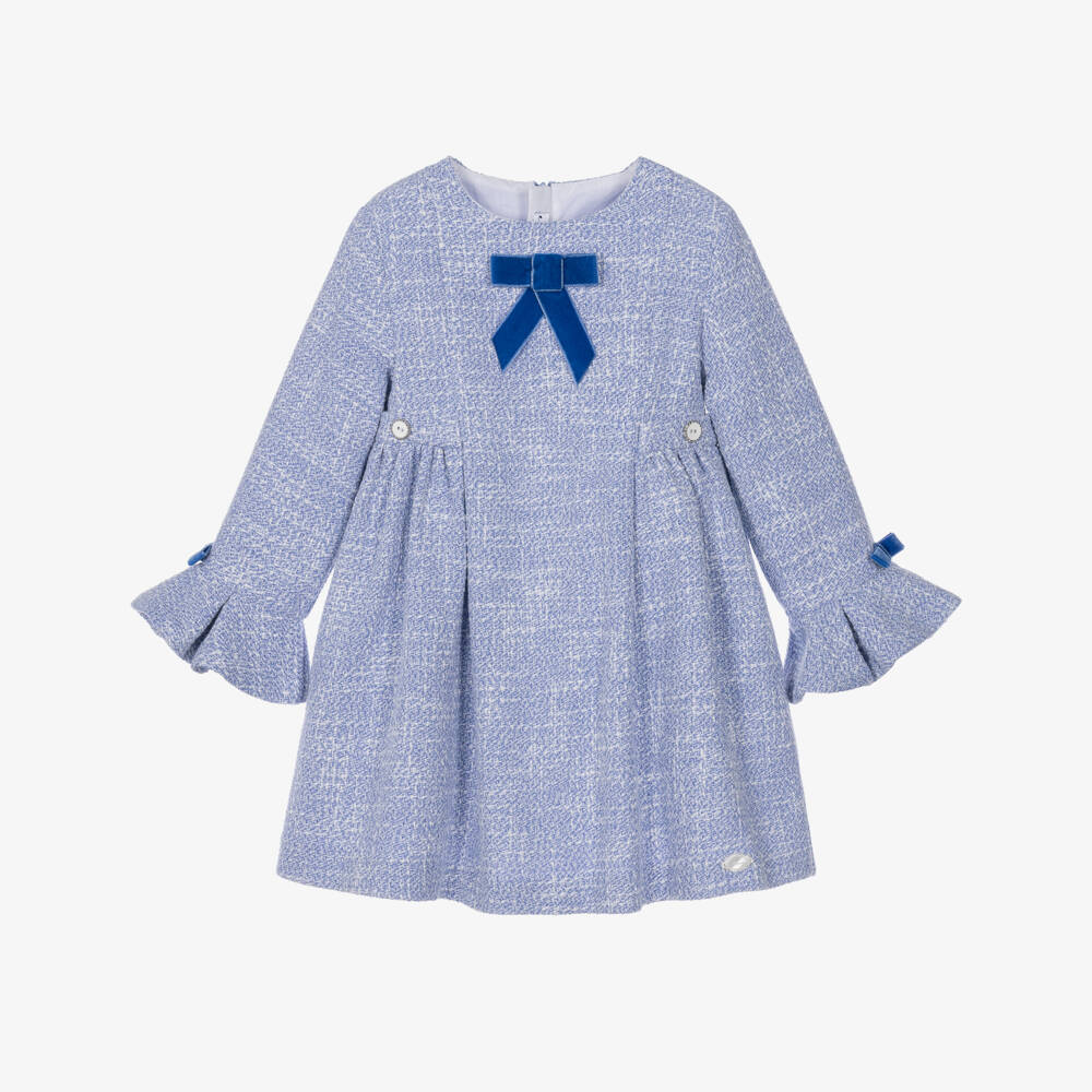 Miranda-Girls Blue Tweed Dress with Velvet Bows | Childrensalon