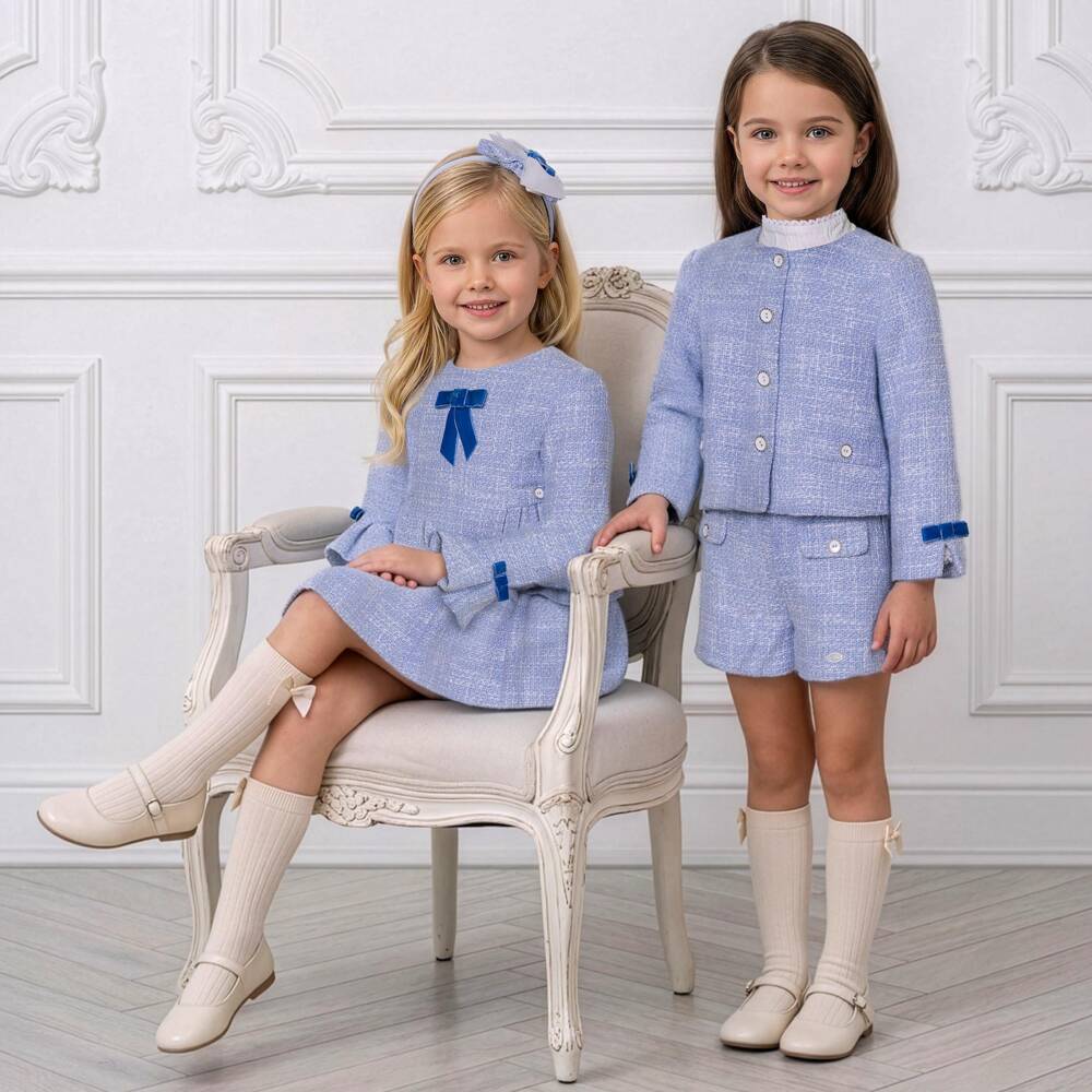 Miranda-Girls Blue Tweed Dress with Velvet Bows | Childrensalon