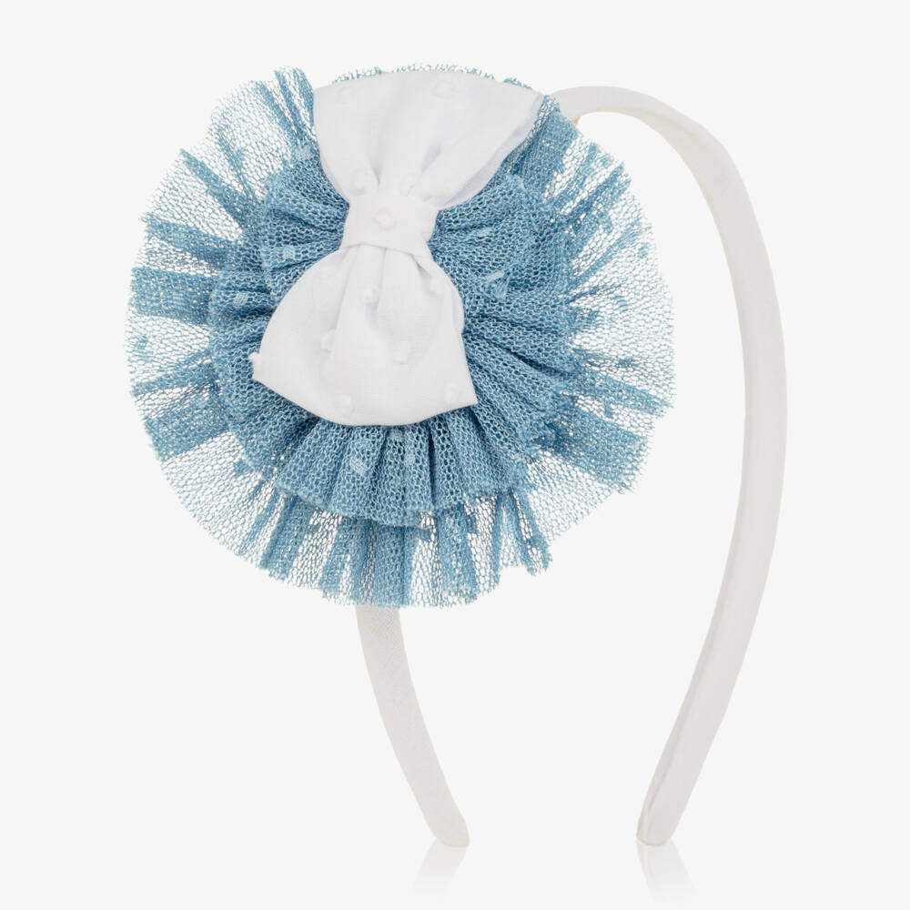 Miranda-Girls Blue & White Rosette Hairband with Hair Clip | Childrensalon