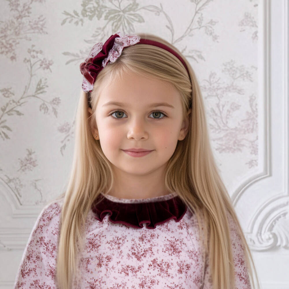 Miranda-Girls Burgundy Floral Hairband with Velvet Bow | Childrensalon