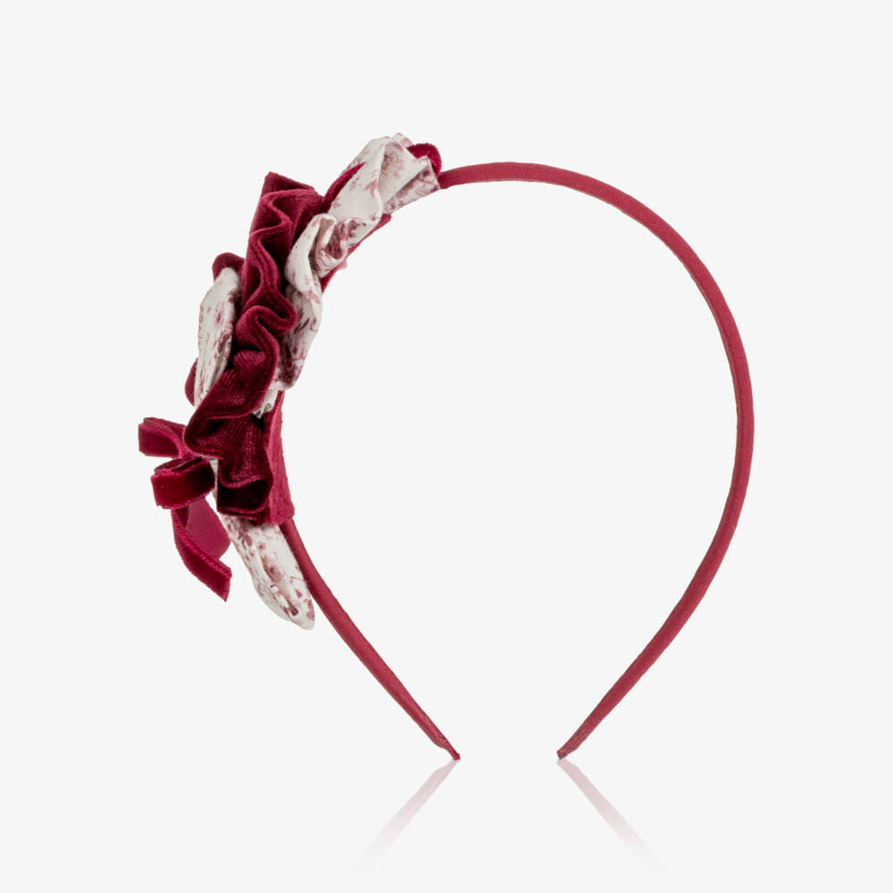 Miranda-Girls Burgundy Floral Hairband with Velvet Bow | Childrensalon