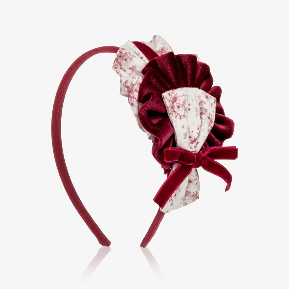 Miranda-Girls Burgundy Floral Hairband with Velvet Bow | Childrensalon