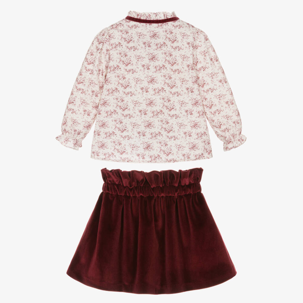 Miranda-Girls Burgundy Red Floral Blouse & Velour Skirt Set | Childrensalon