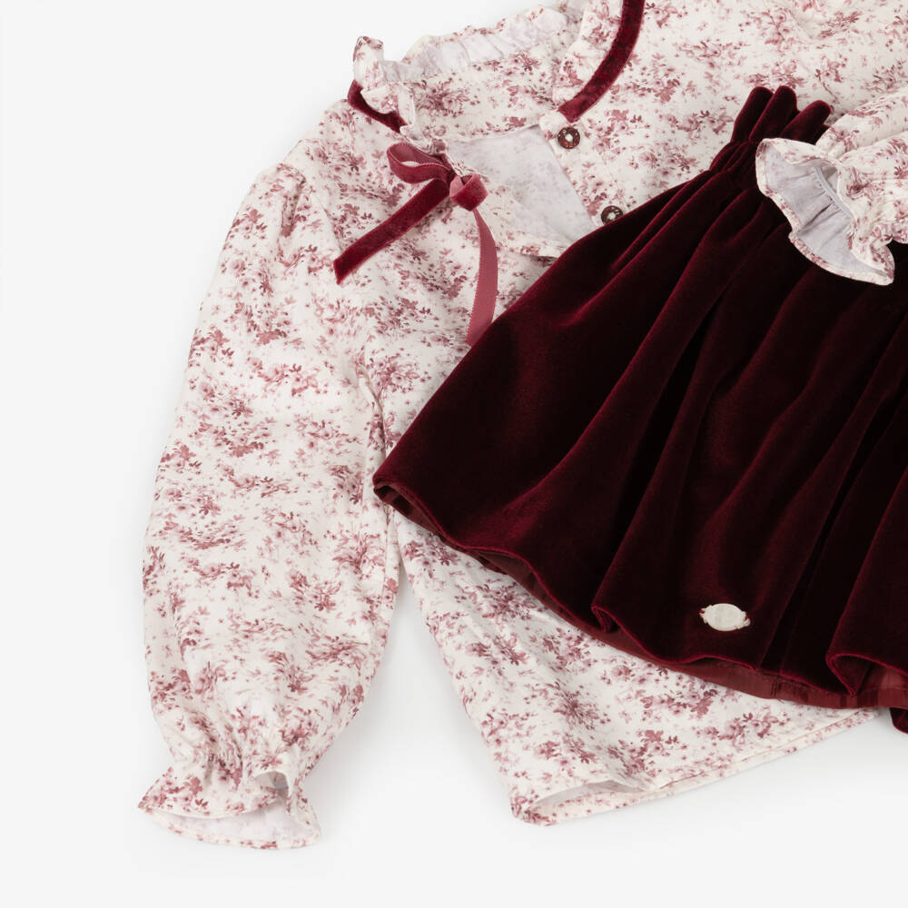 Miranda-Girls Burgundy Red Floral Blouse & Velour Skirt Set | Childrensalon