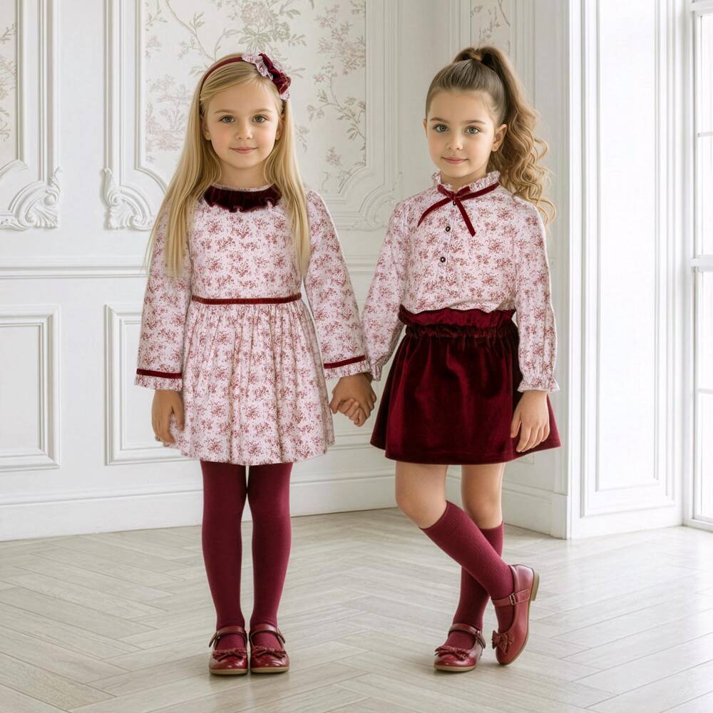Miranda-Girls Burgundy Red Floral Blouse & Velour Skirt Set | Childrensalon
