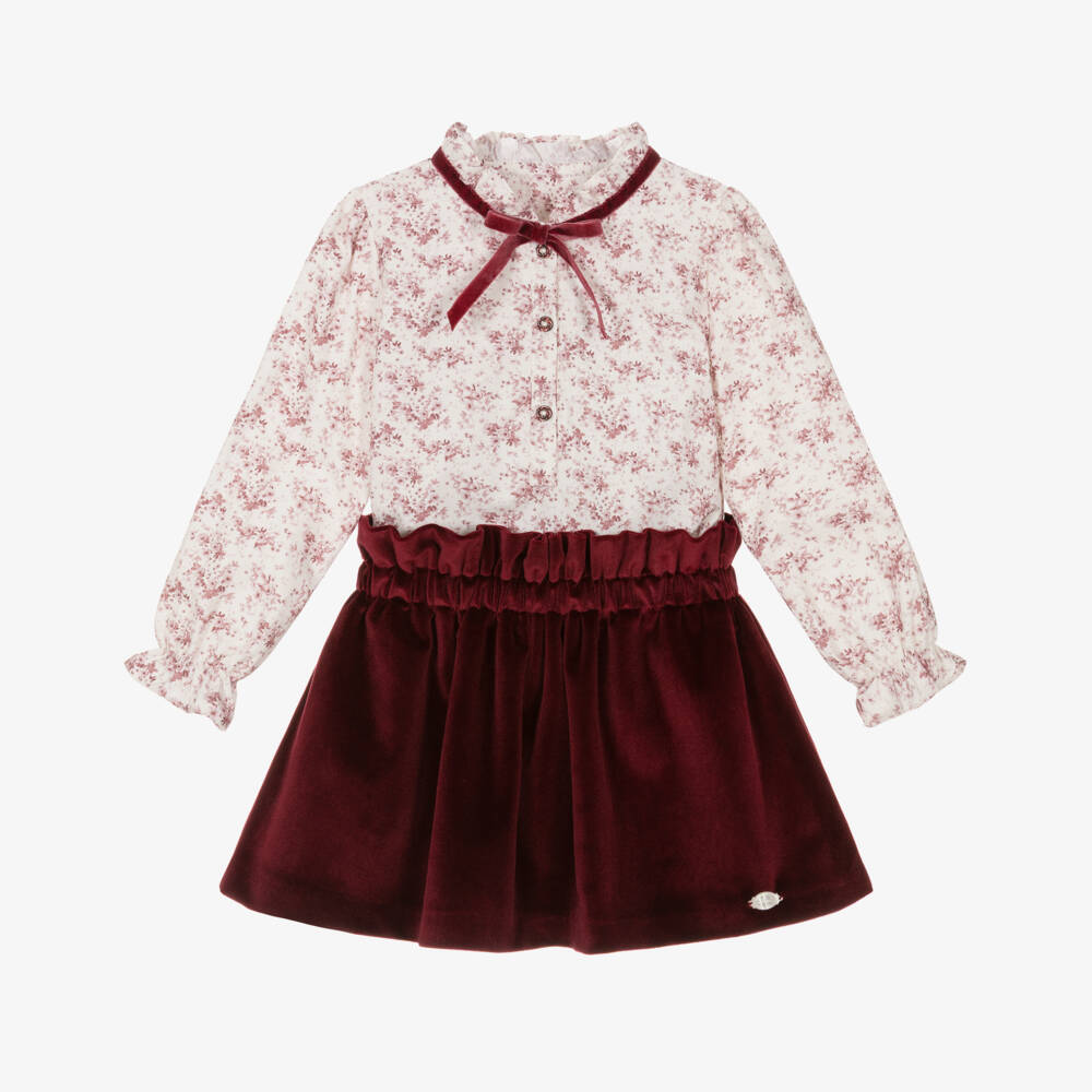 Miranda-Girls Burgundy Red Floral Blouse & Velour Skirt Set | Childrensalon