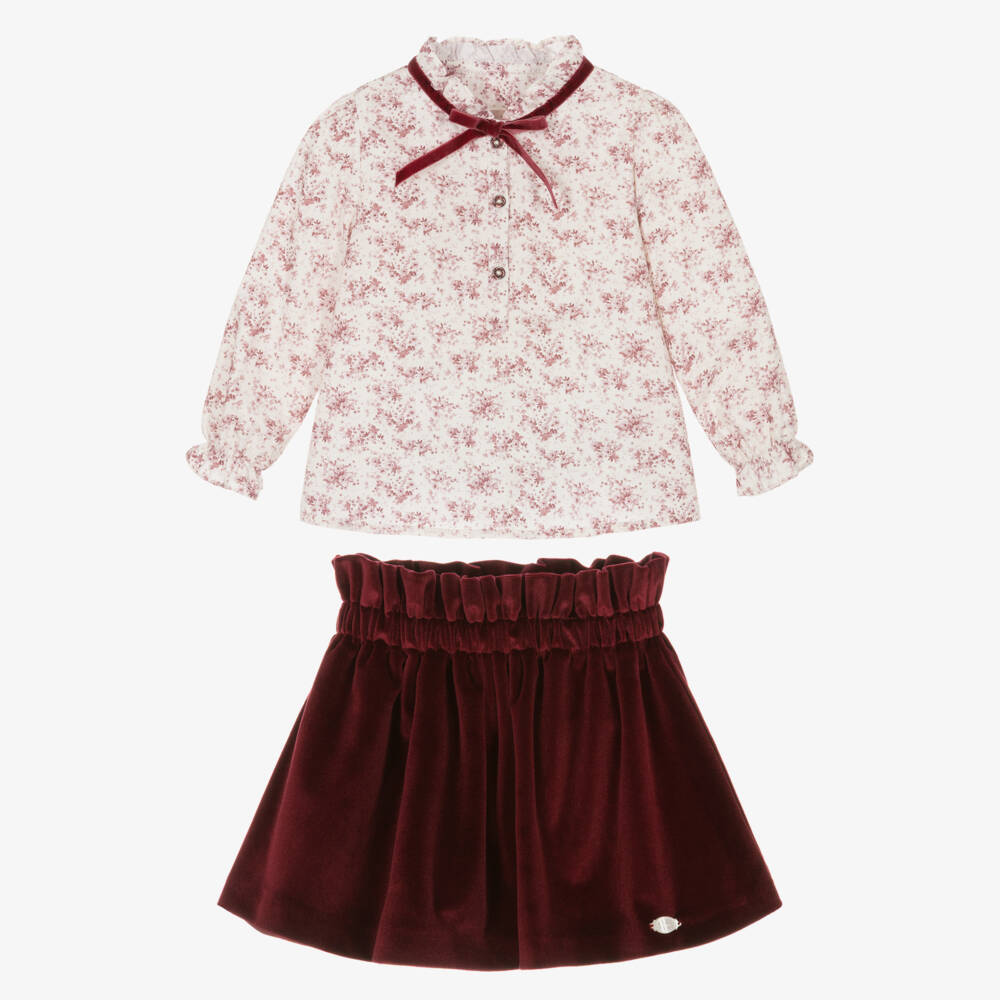 Miranda-Girls Burgundy Red Floral Blouse & Velour Skirt Set | Childrensalon