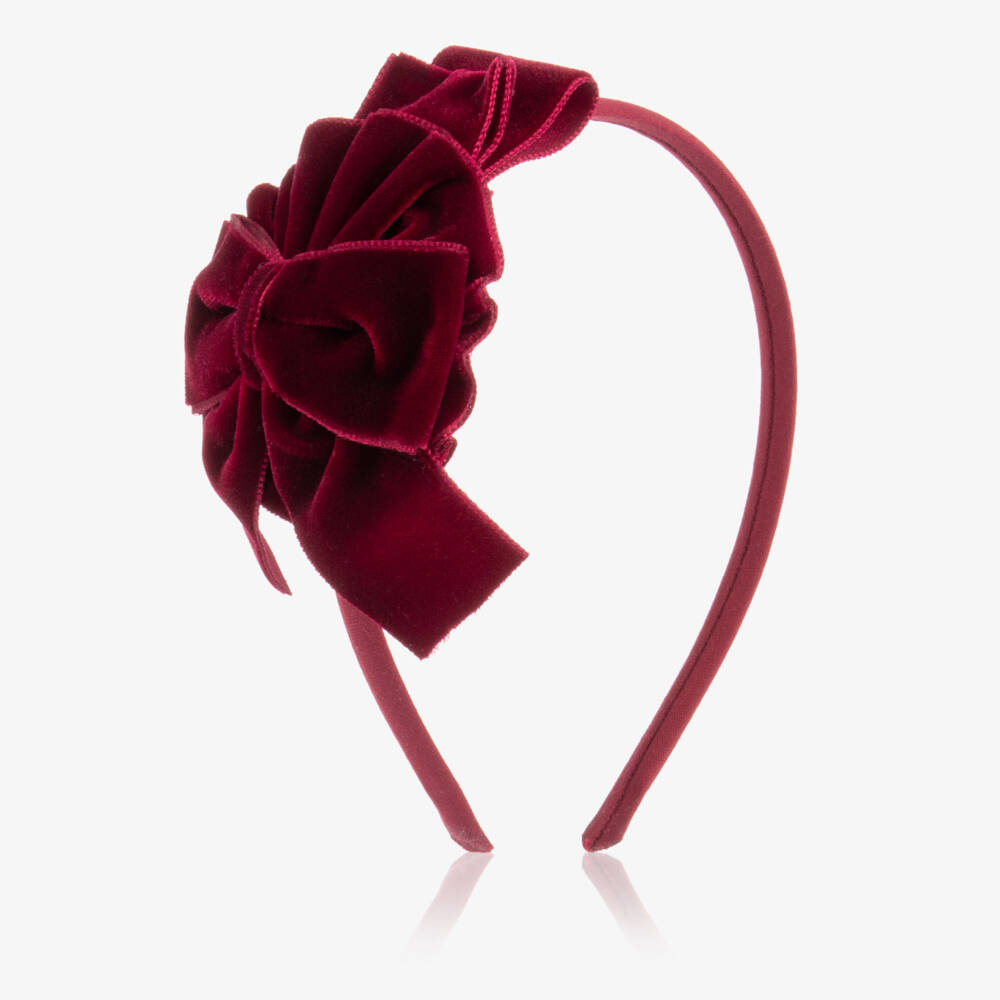 Miranda-Girls Burgundy Red Velvet Bow Hairband | Childrensalon