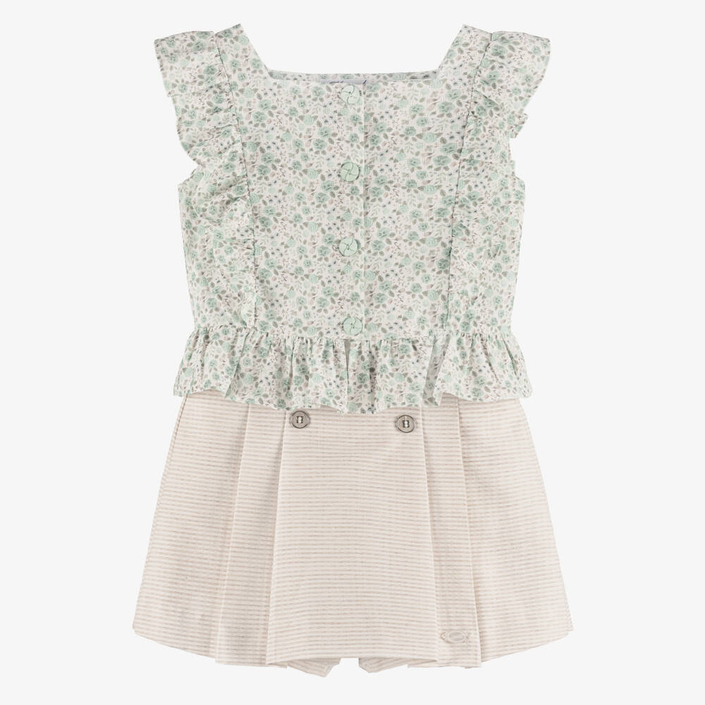 Miranda-Girls Green Blouse & Beige Skort Set | Childrensalon