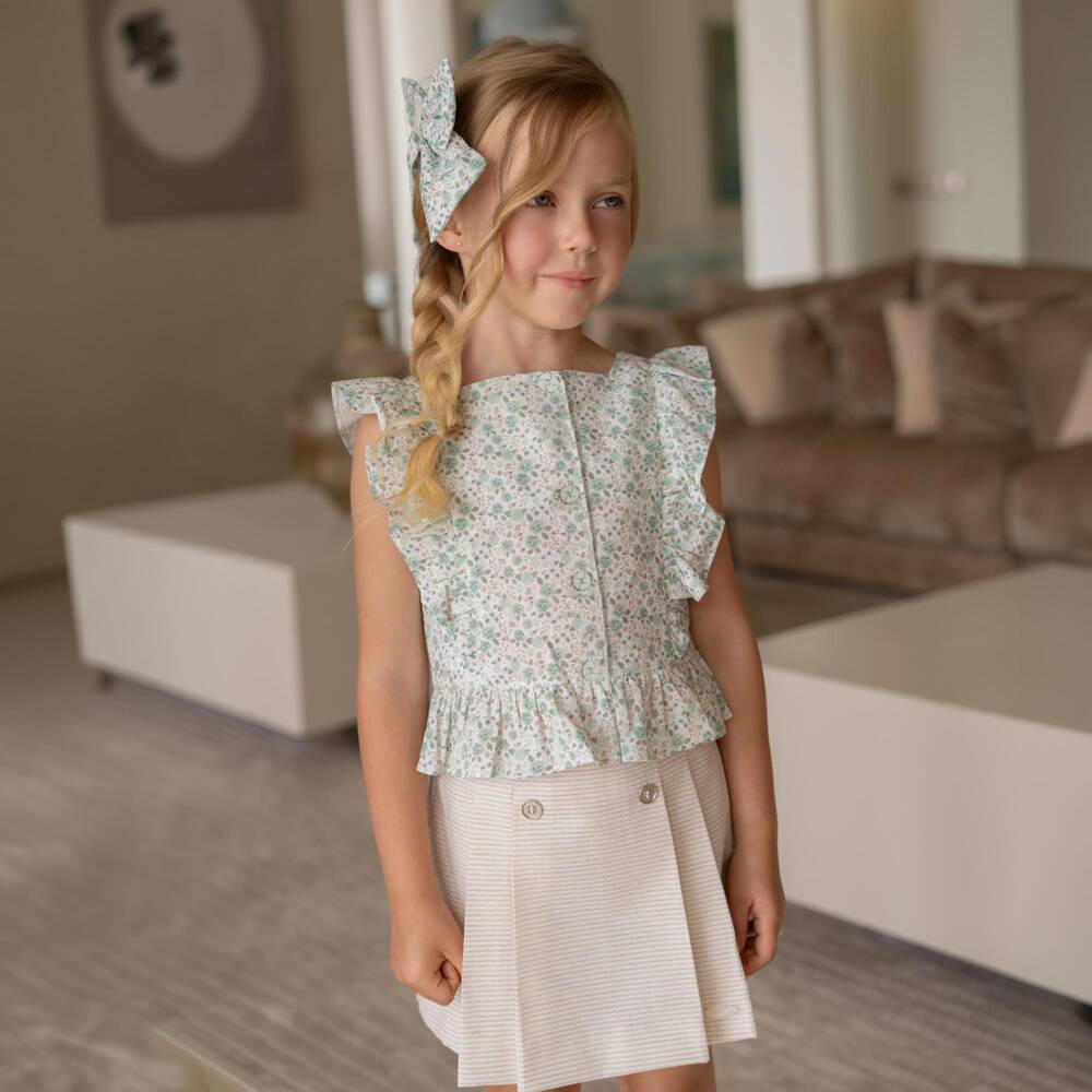Miranda-Girls Green Blouse & Beige Skort Set | Childrensalon