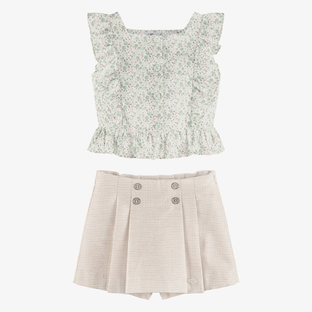 Miranda-Girls Green Blouse & Beige Skort Set | Childrensalon
