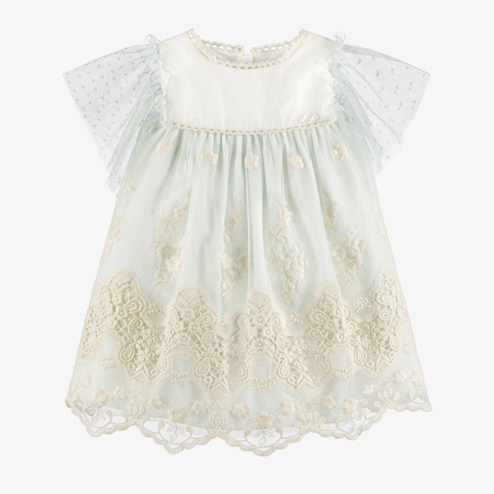 Miranda-Girls Green Tulle & Ivory Embroidered Dress | Childrensalon