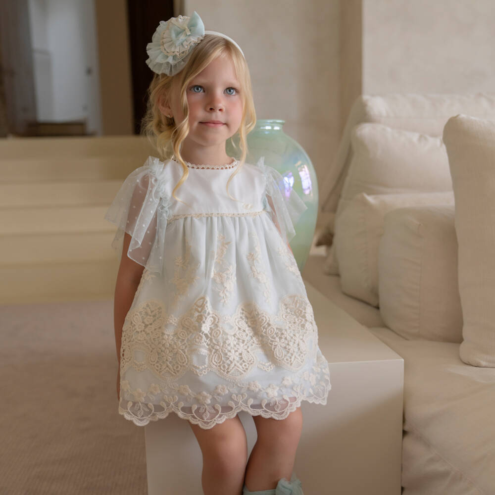 Miranda-Girls Green Tulle & Ivory Embroidered Dress | Childrensalon