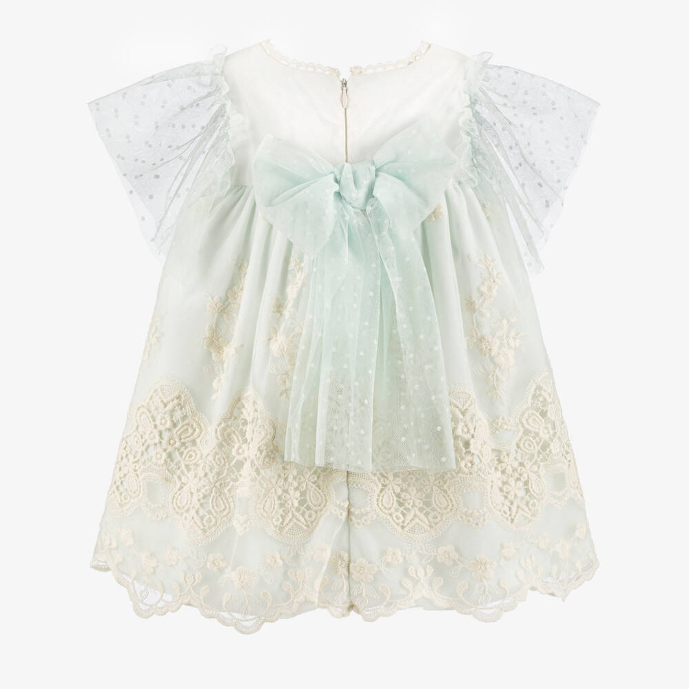 Miranda-Girls Green Tulle & Ivory Embroidered Dress | Childrensalon