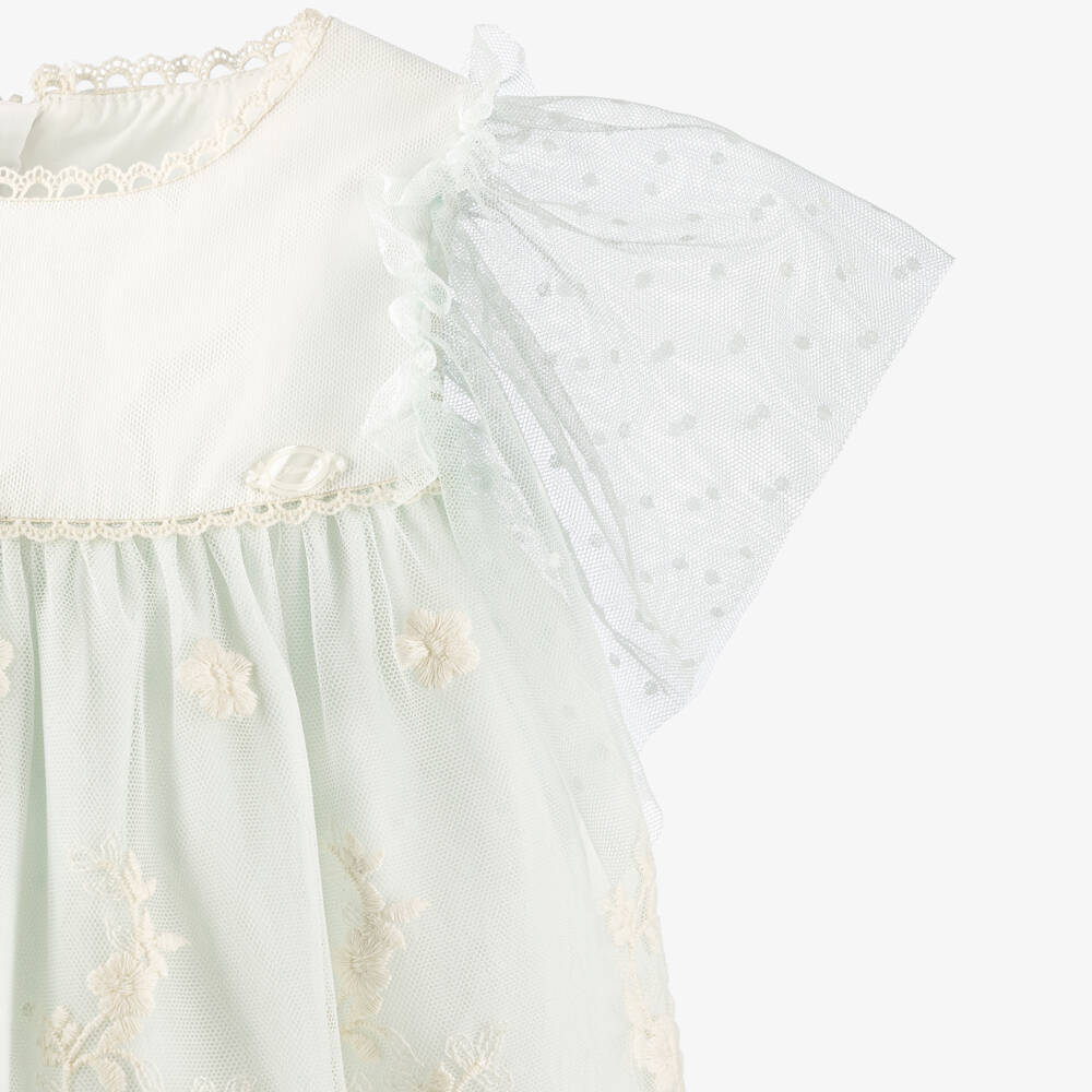 Miranda-Girls Green Tulle & Ivory Embroidered Dress | Childrensalon
