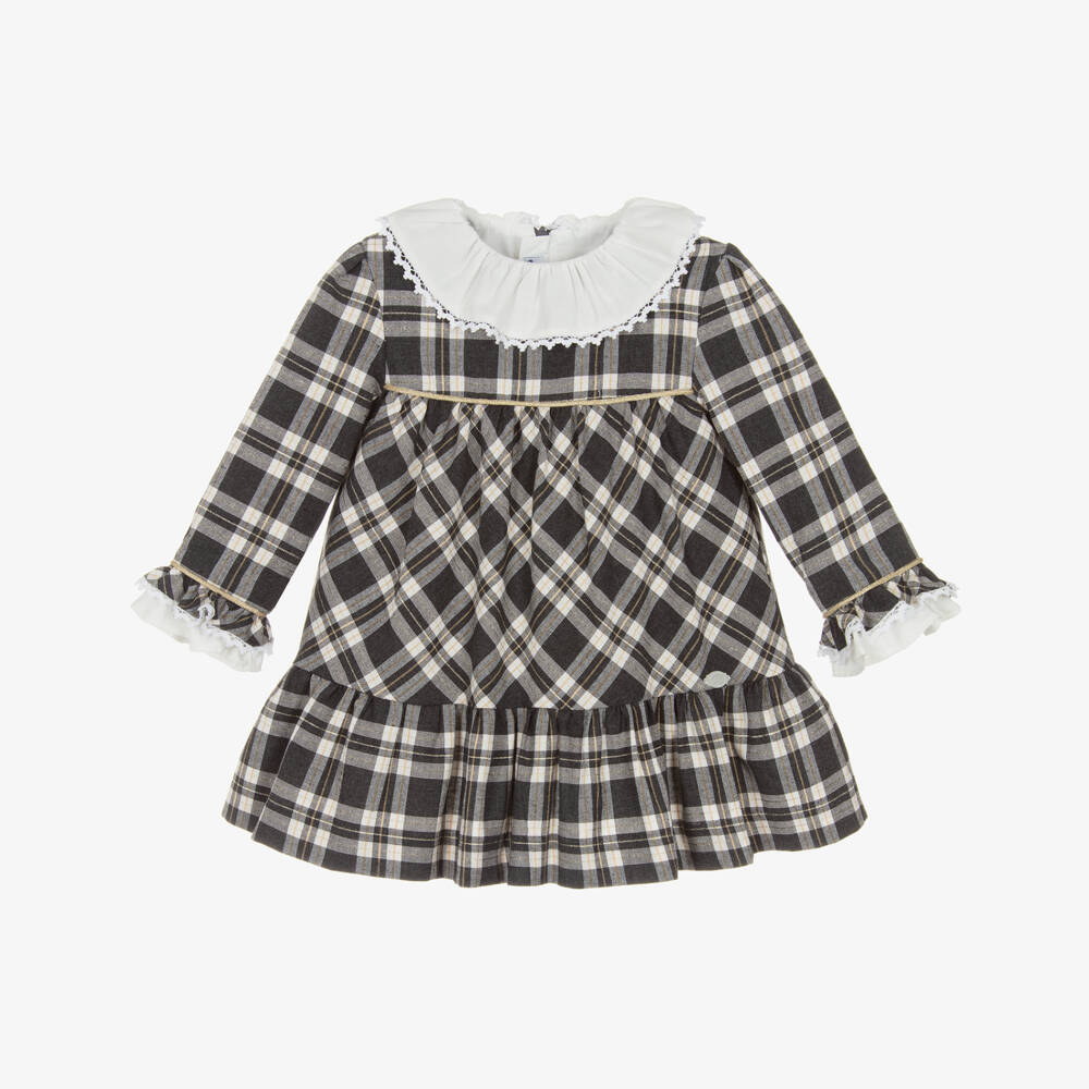 Miranda-Girls Grey & White Checked Dress with Ruffle Collar | Childrensalon