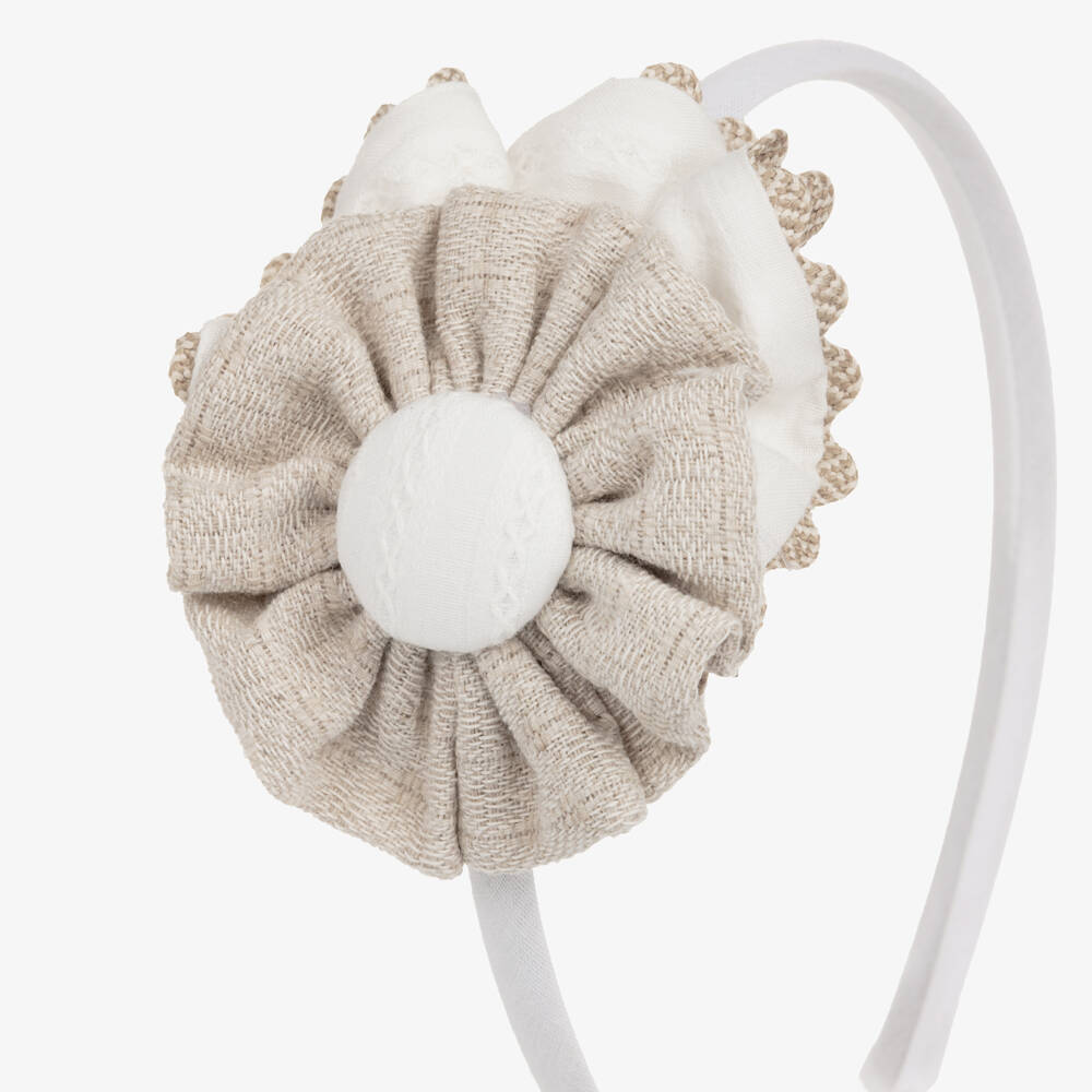 Miranda-Girls Ivory & Beige Flower Rosette Hairband | Childrensalon