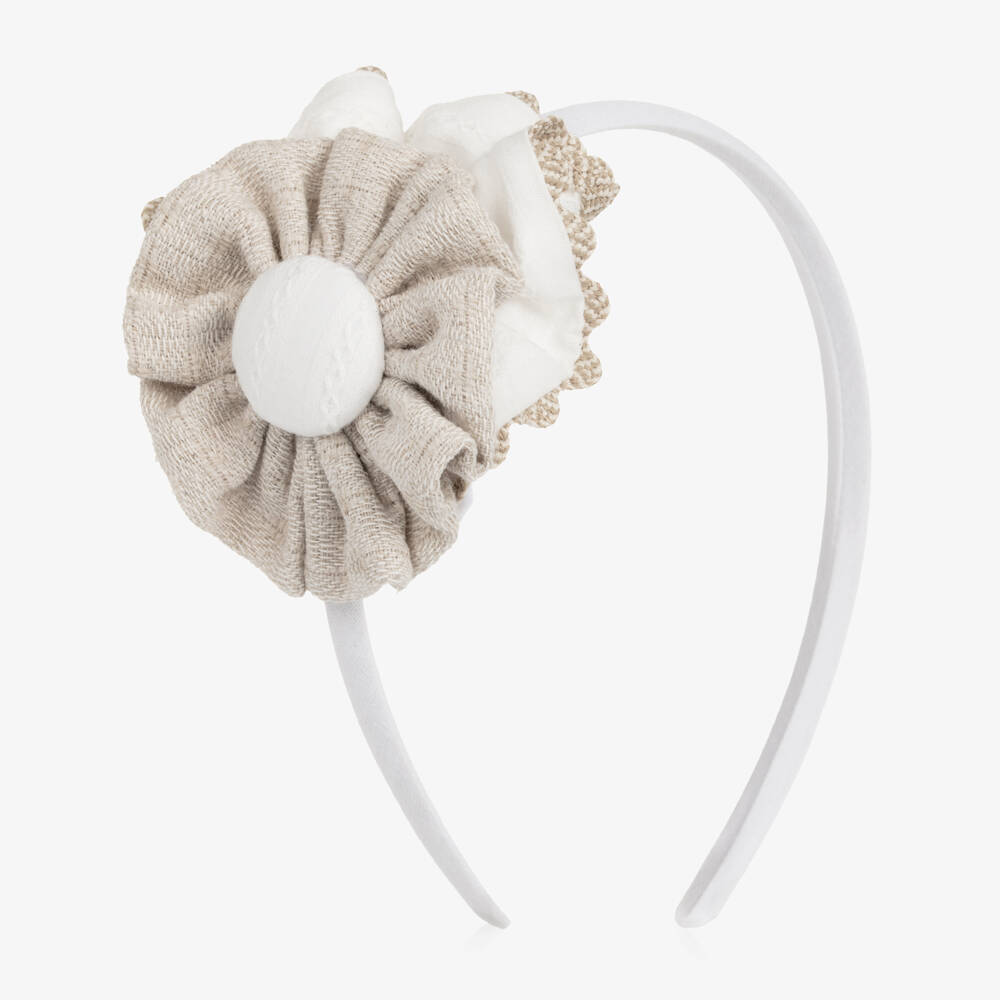 Miranda-Girls Ivory & Beige Flower Rosette Hairband | Childrensalon