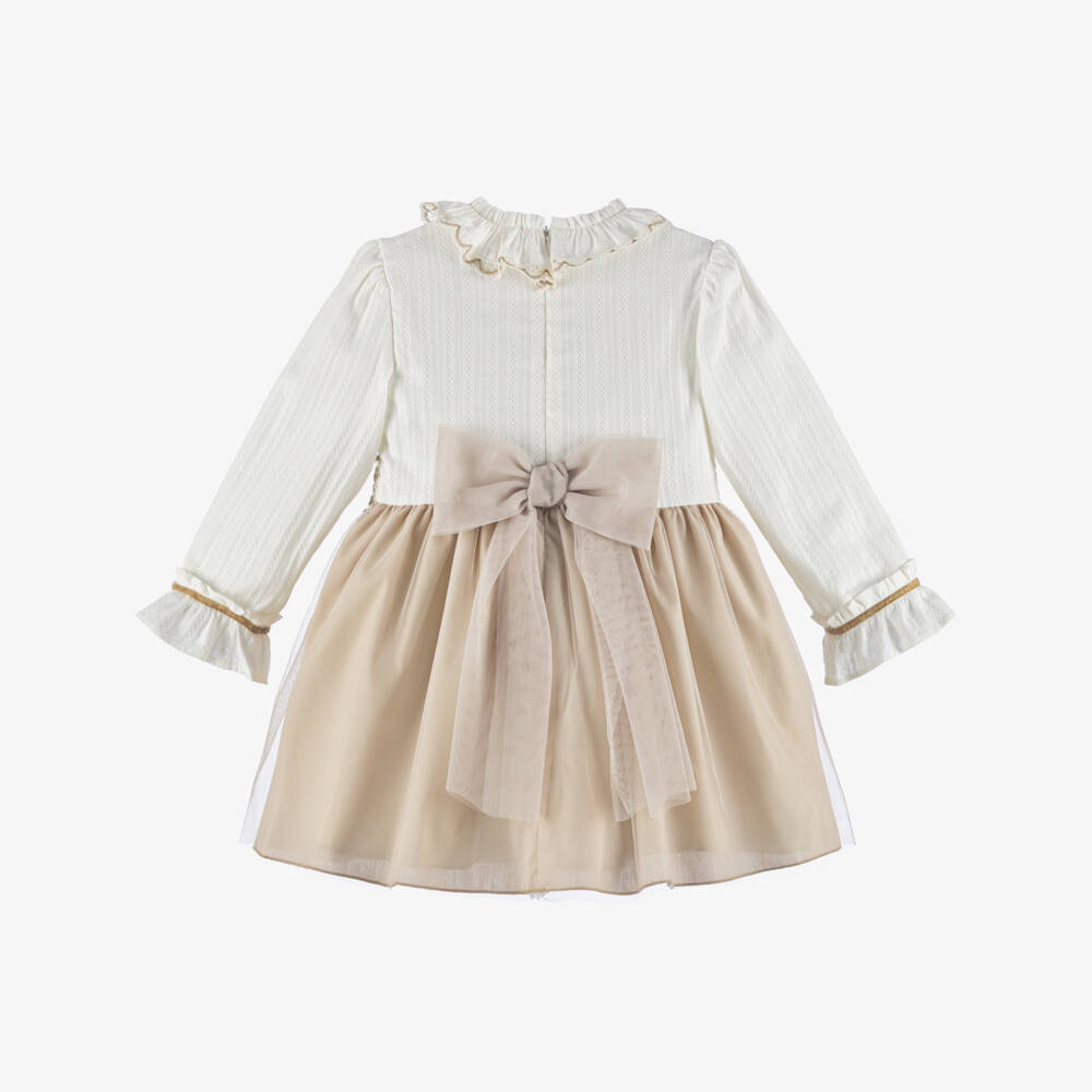 Miranda-Girls Ivory & Beige Tulle Dress with Lace Trims | Childrensalon