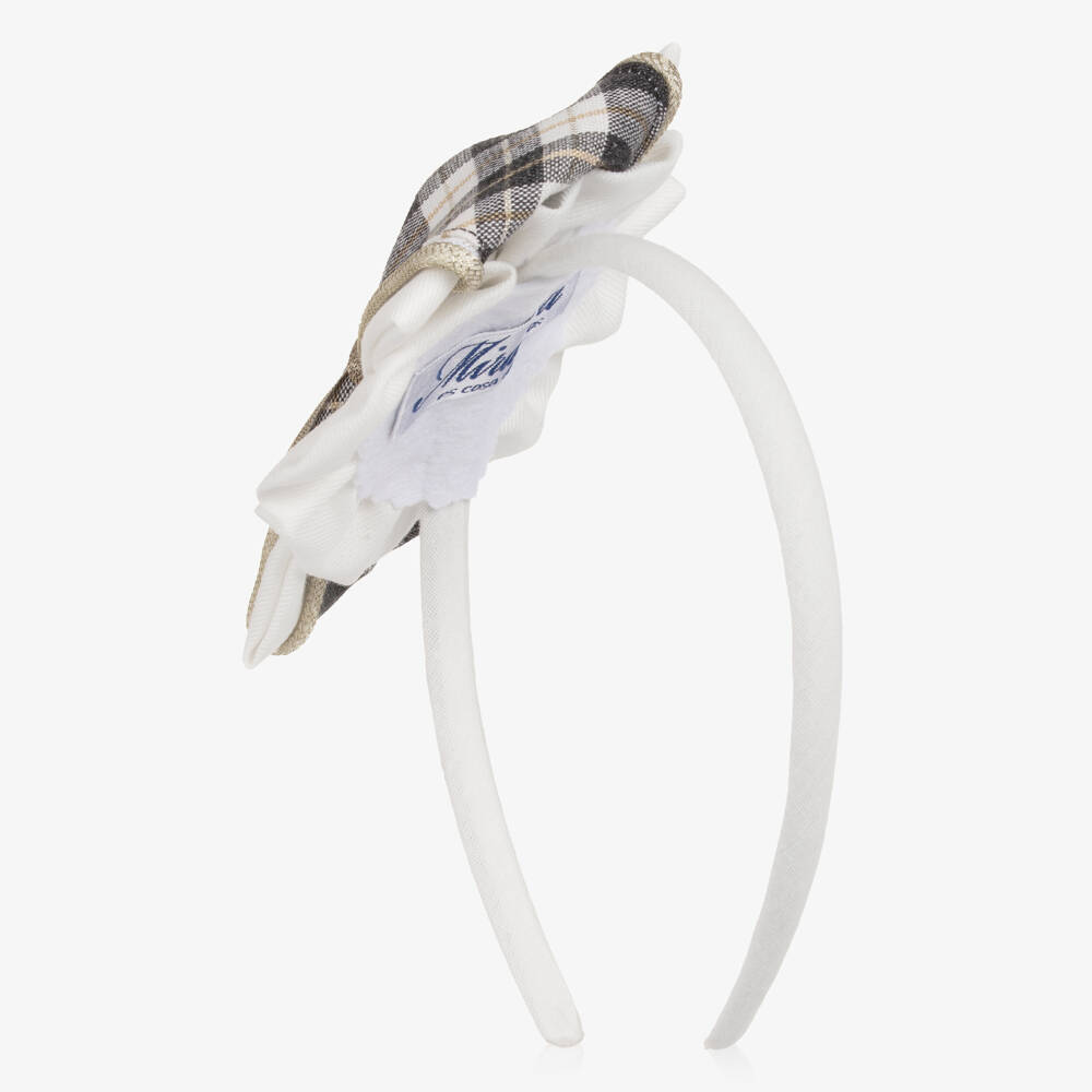 Miranda-Ободок кремово-серый в клетку с бантом для девочек | Childrensalon