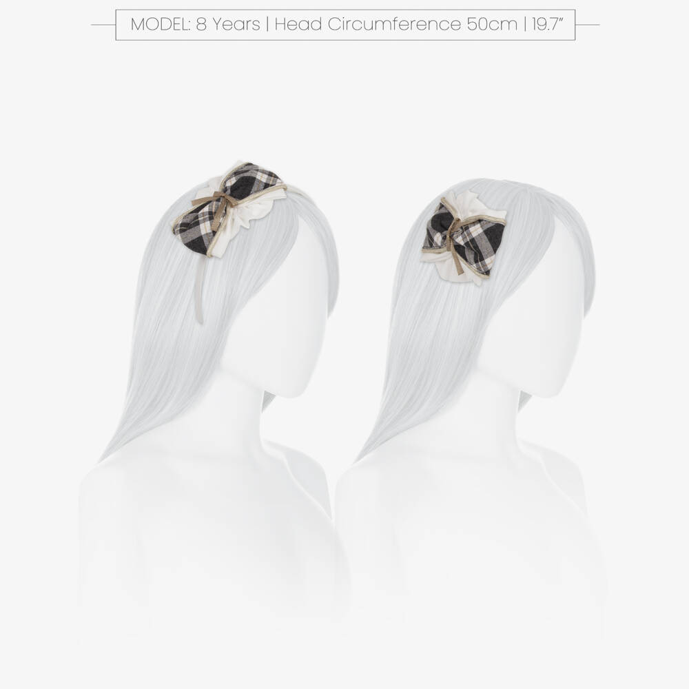 Miranda-Ободок кремово-серый в клетку с бантом для девочек | Childrensalon