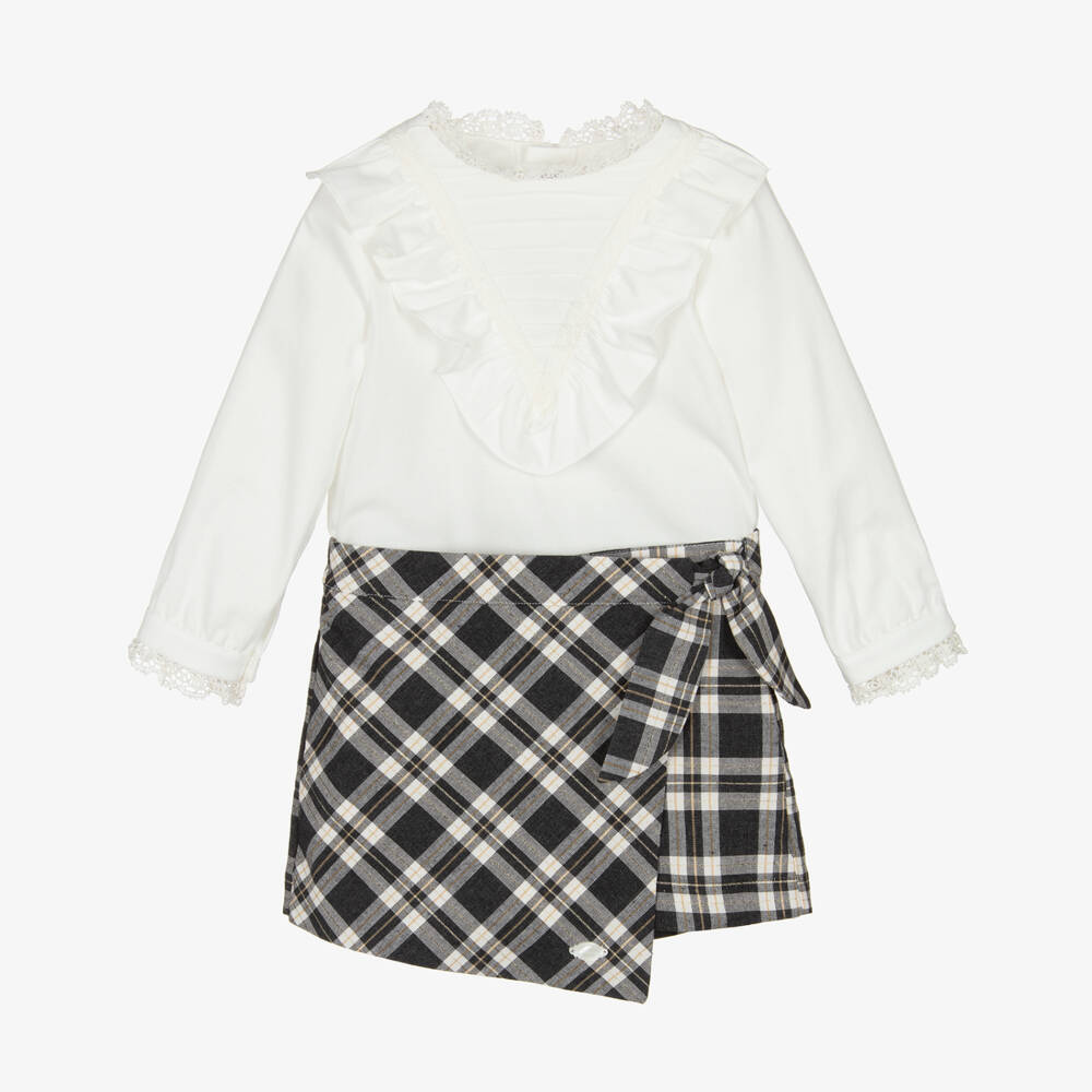 Miranda-Girls Ivory & Grey Tartan Cotton Skort Set | Childrensalon