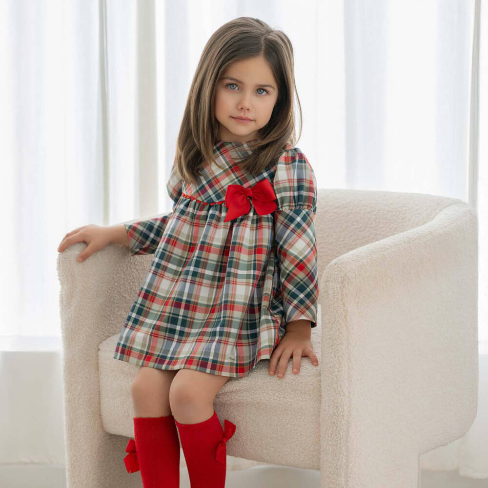 Miranda-Girls Ivory, Red & Green Cotton Tartan Dress | Childrensalon