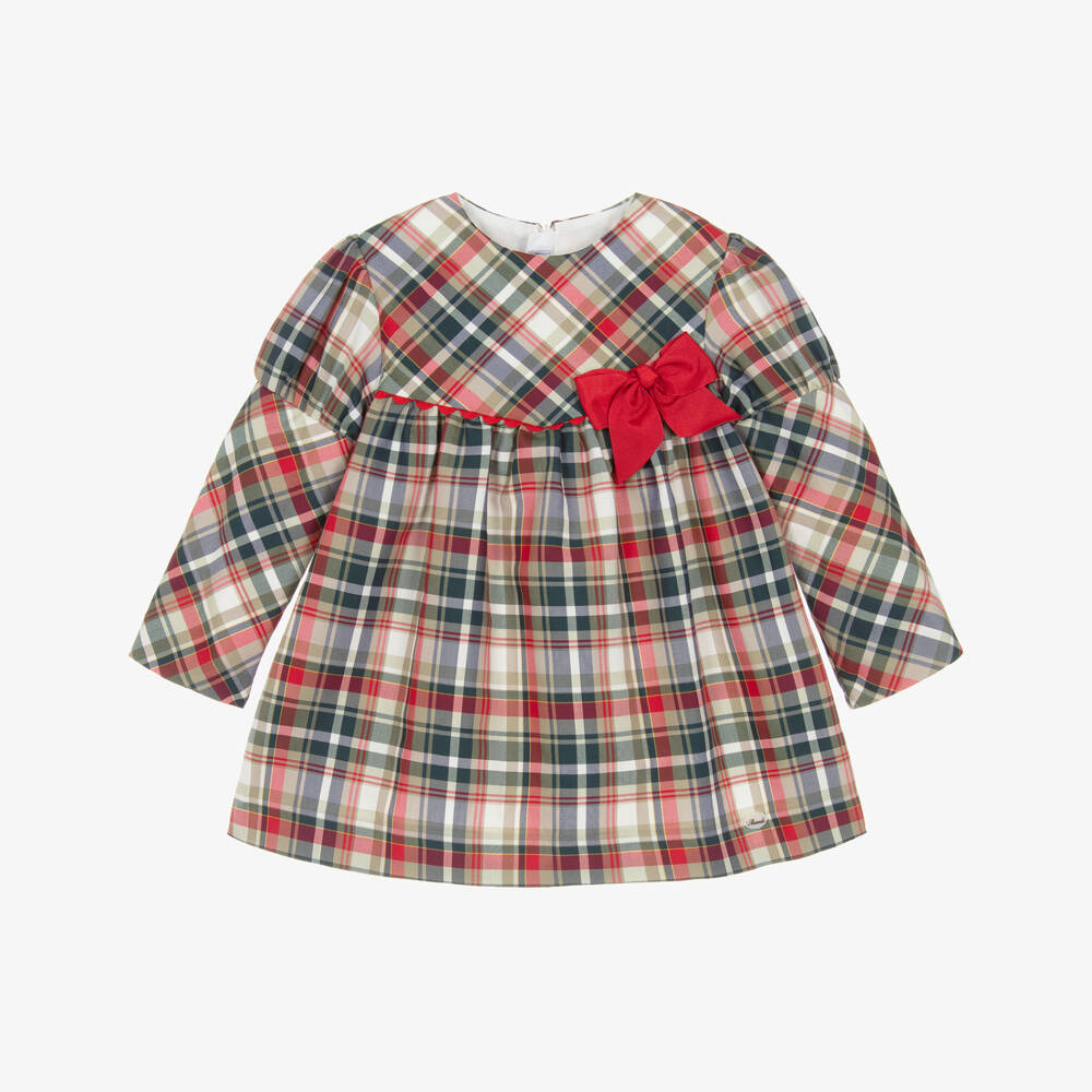 Miranda-فستان بنقشة مربعات قطن لون أخضر وأحمر وعاجي للبنات  | Childrensalon