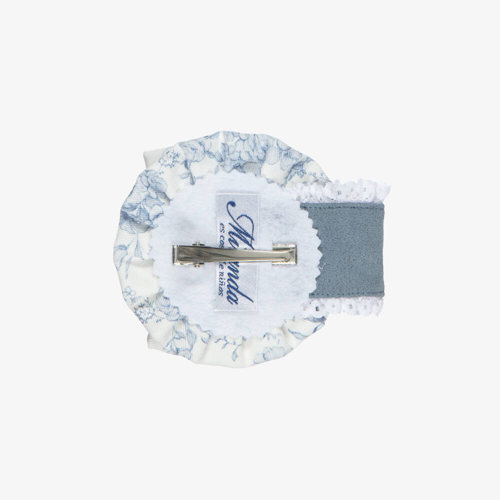 Miranda-Girls Ivory Rosette Hair Clip with Blue Floral Print (9cm) | Childrensalon