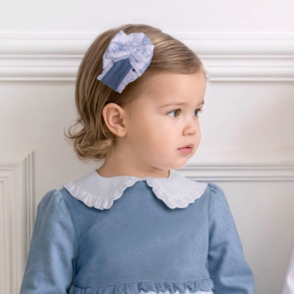 Miranda-Girls Ivory Rosette Hair Clip with Blue Floral Print (9cm) | Childrensalon