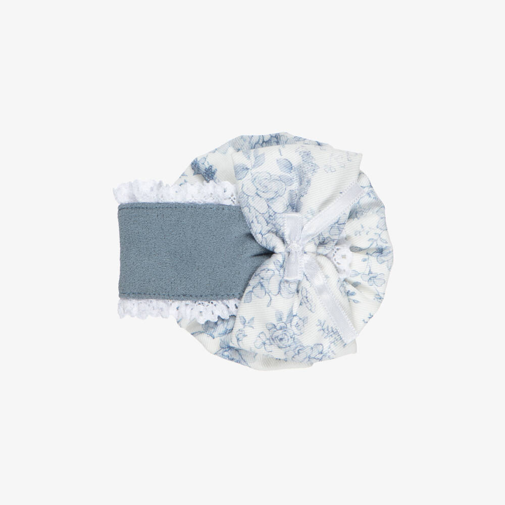 Miranda-Girls Ivory Rosette Hair Clip with Blue Floral Print (9cm) | Childrensalon