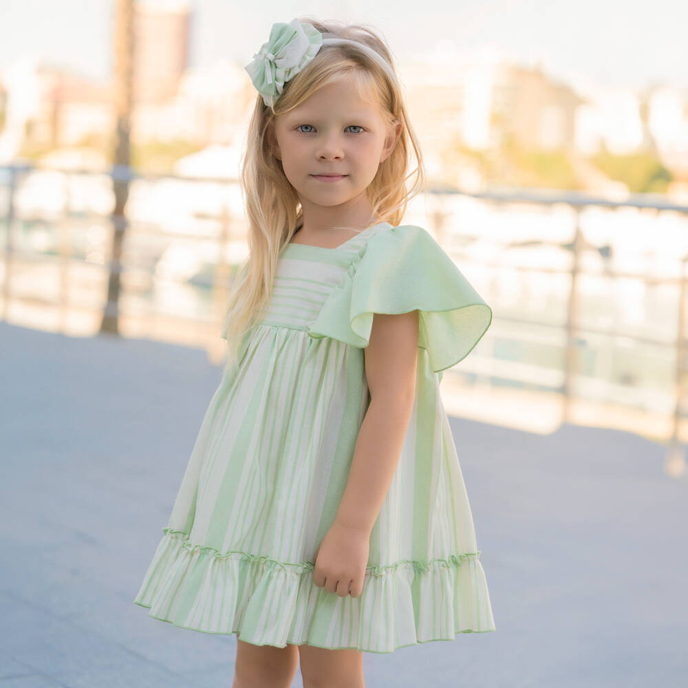 Miranda-فستان مخطط لون أخضر باستيل وعاجي للبنات | Childrensalon