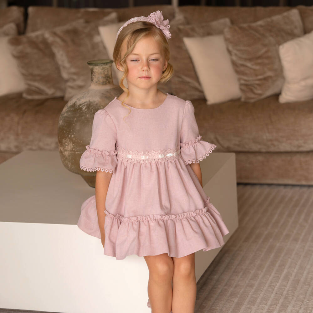 Miranda-Платье розовое хлопковое с кружевной отделкой для девочек | Childrensalon