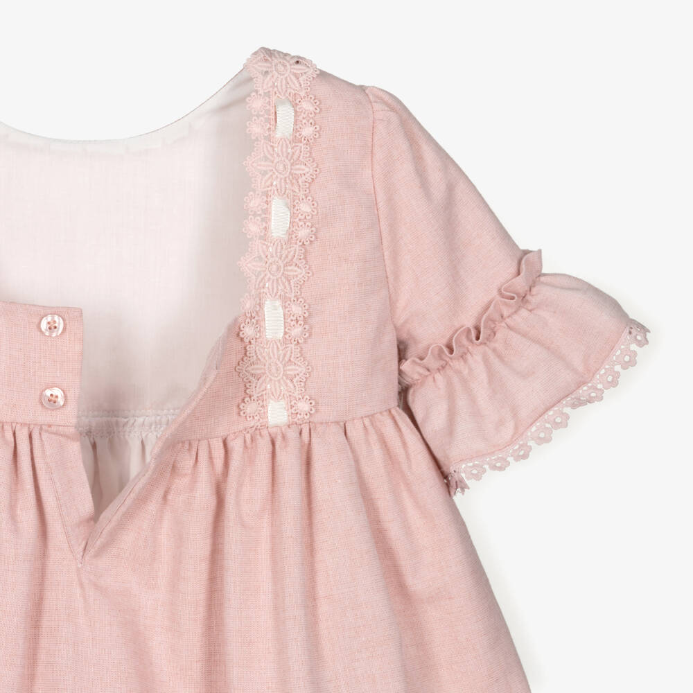 Miranda-Girls Pink Cotton Dress with Lace Trims | Childrensalon
