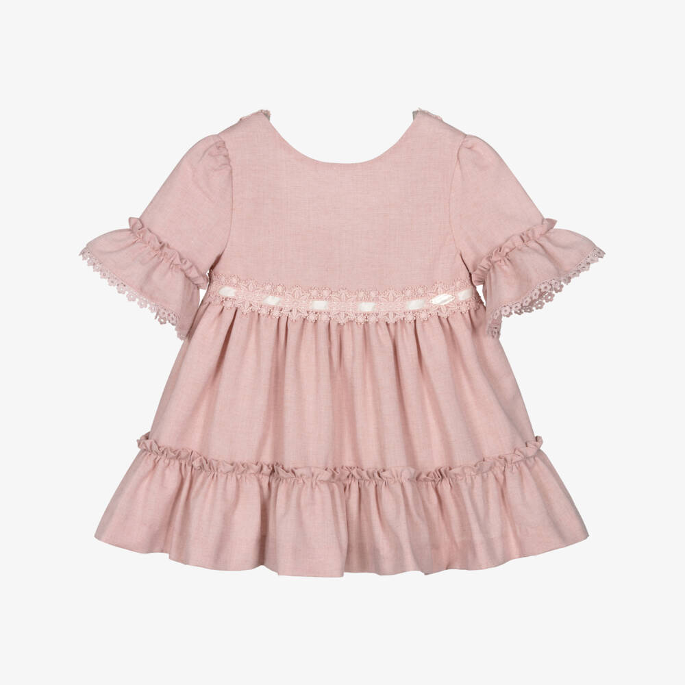 Miranda-Girls Pink Cotton Dress with Lace Trims | Childrensalon