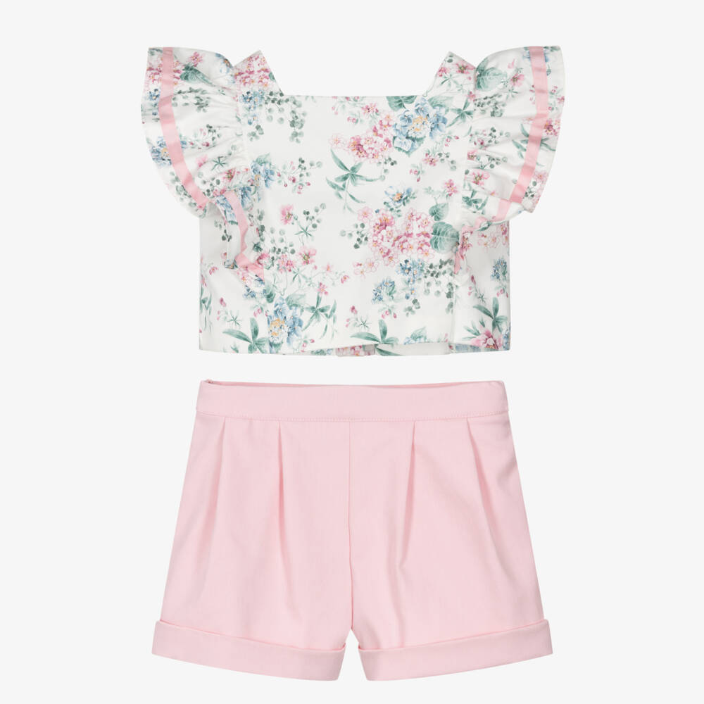 Miranda-Girls Pink Cotton Floral Top & Shorts Set | Childrensalon