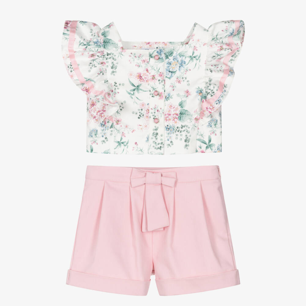 Miranda-Girls Pink Cotton Floral Top & Shorts Set | Childrensalon