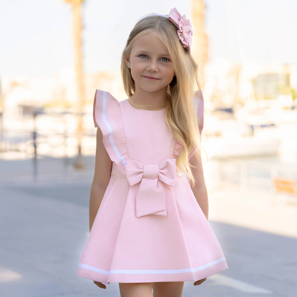 Miranda-Платье розовое из хлопкового твила с бантом для девочек | Childrensalon