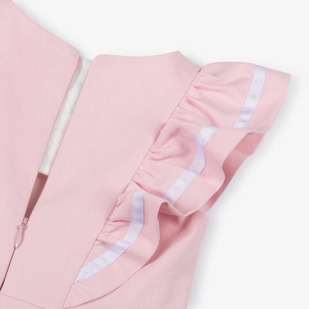 Miranda-Girls Pink Cotton Twill Ruffle & Bow Dress | Childrensalon