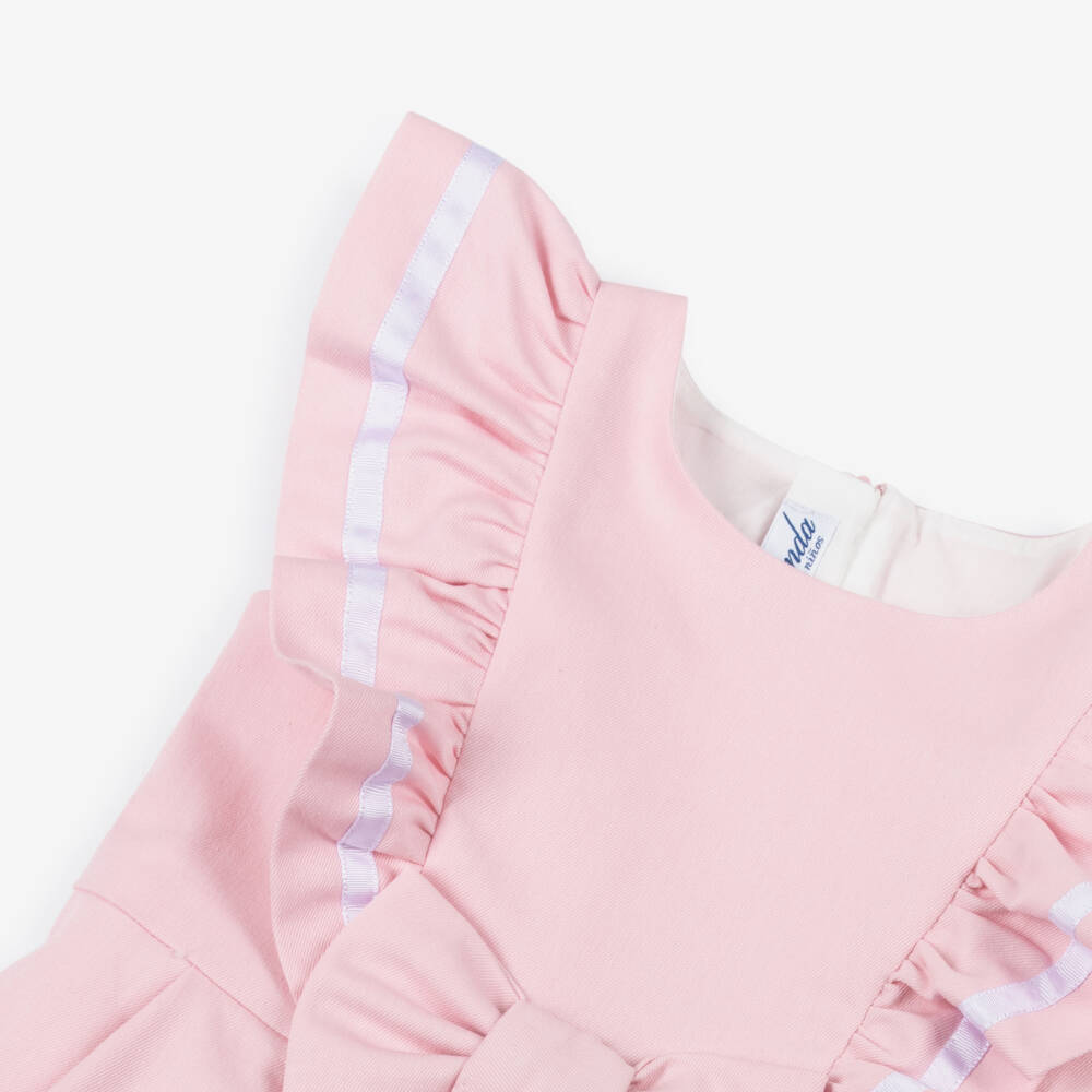Miranda-Girls Pink Cotton Twill Ruffle & Bow Dress | Childrensalon