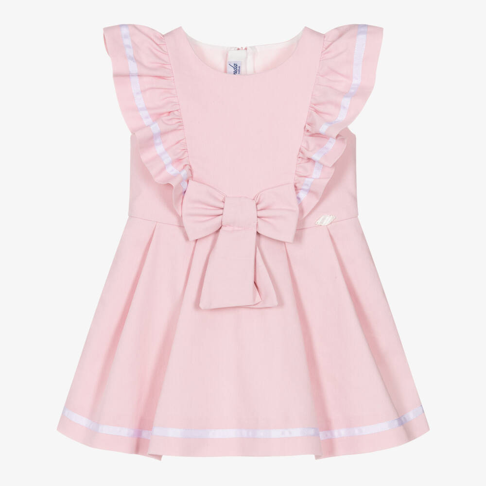 Miranda-Girls Pink Cotton Twill Ruffle & Bow Dress | Childrensalon