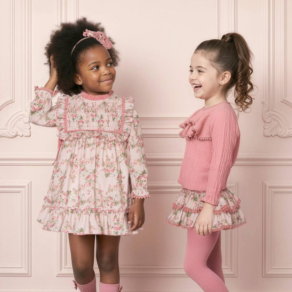 Miranda-Girls Pink Floral Cotton Dress with Ruffles | Childrensalon